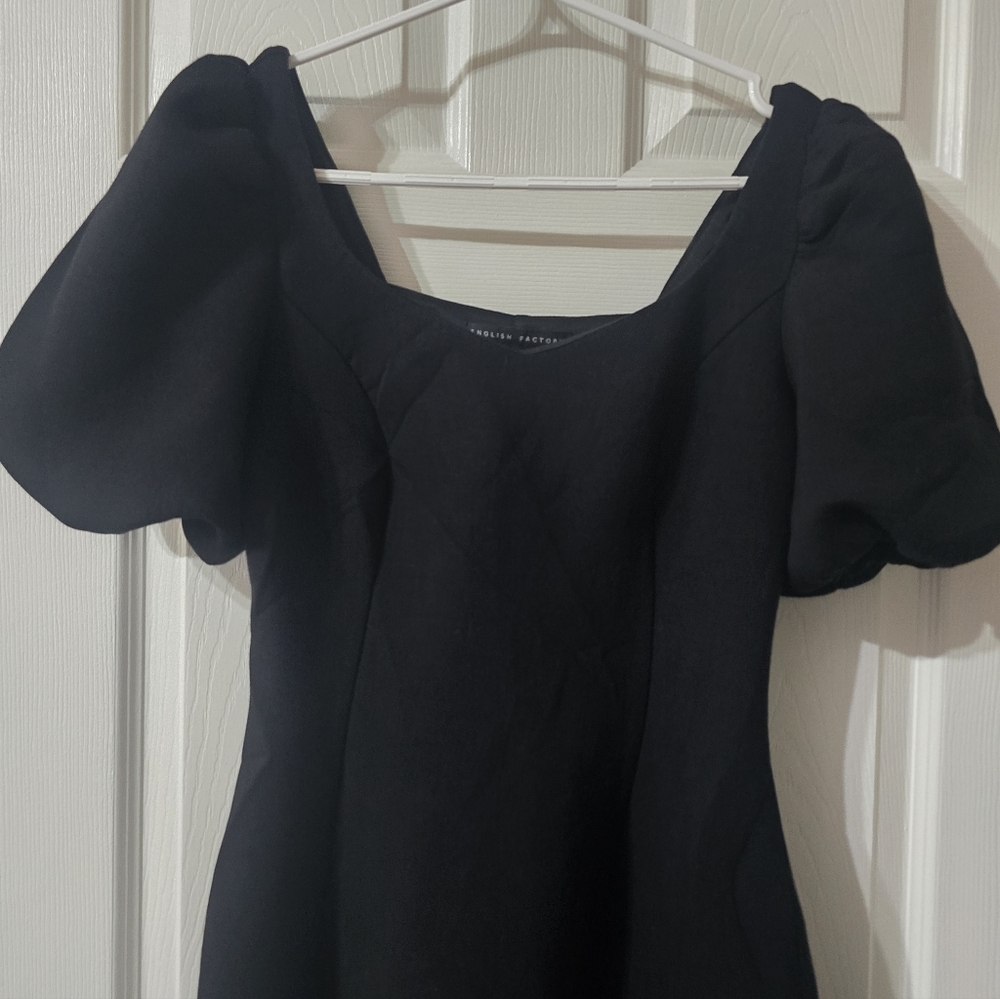 English Factory Black Puff Sleeve A-Line Mini Dress, Study Scuba Knit, EUC! - Picture 3 of 14